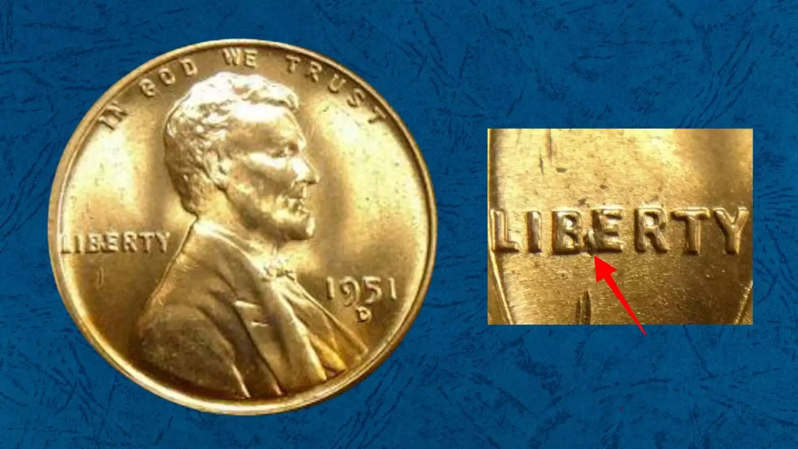 1951 Lincoln cent BIE error close-up showing raised die chip between B and E in LIBERTY