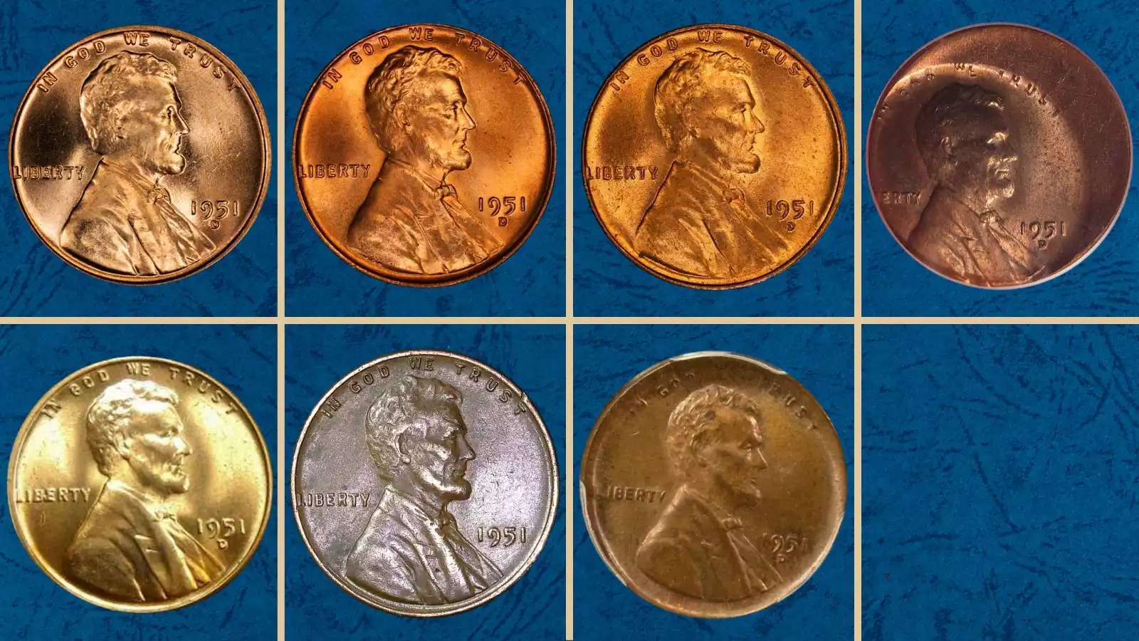 Grading strip showing four 1951 wheat pennies from worn Good grade to Gem MS65 RD uncirculated condition